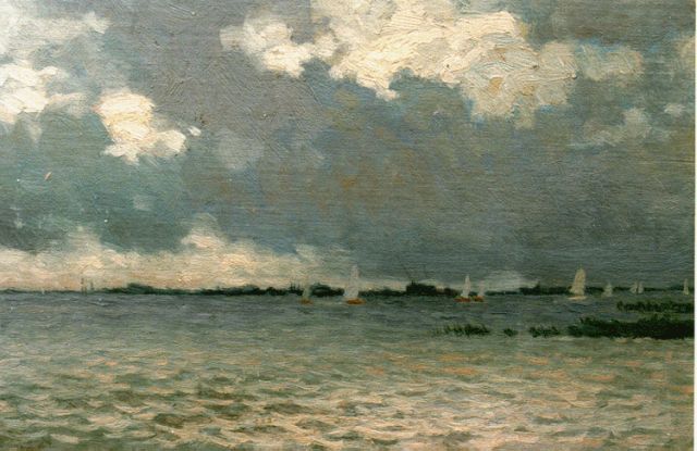 A.P. Schotel | Zeilschepen op een plas, olieverf op doek op paneel, 24,6 x 38,3 cm, gesigneerd l.o.