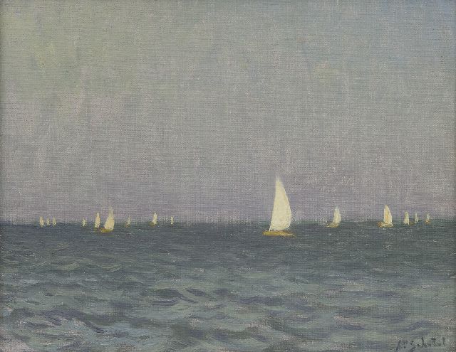 A.P. Schotel | Pampussen op de Loosdrechtse Plassen, olieverf op doek op paneel, 23,0 x 29,0 cm, gesigneerd r.o.