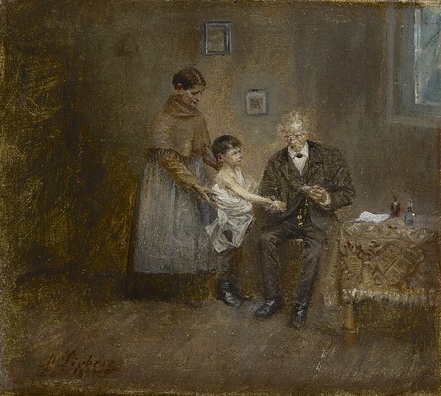 Lieberg M.  | Bij de dokter, olieverf op doek 13,5 x 15,0 cm, gesigneerd l.o. en 'Düs' 1891