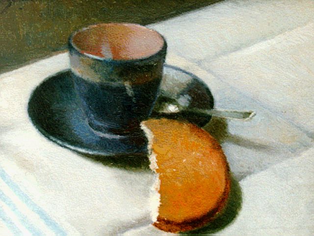 A.P. Schotel | Stilleven met kop en schotel, olieverf op doek op paneel, 24,0 x 30,0 cm, gesigneerd l.b.