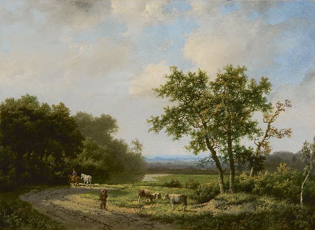 Marinus Adrianus Koekkoek I | Reizigers en vee langs de bosrand, olieverf op paneel, 26,5 x 35,9 cm, gesigneerd l.o.