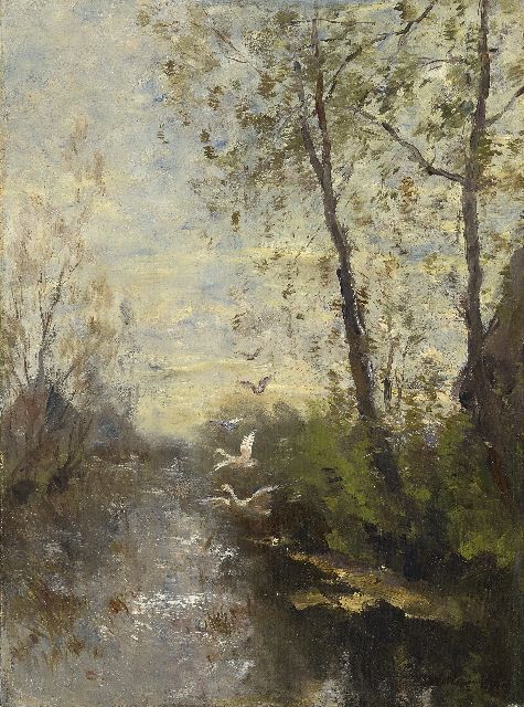 Willem Maris | Sloot met opvliegende eenden, olieverf op doek, 40,3 x 29,9 cm, gesigneerd r.o. en te dateren ca. 1890-1900