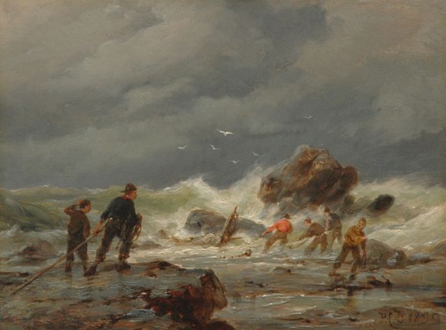 Pieter Cornelis  Dommershuijzen | Het bergen van het wrak, olieverf op paneel, 15,2 x 20,2 cm, gesigneerd r.o. met initialen en gedateerd 1895