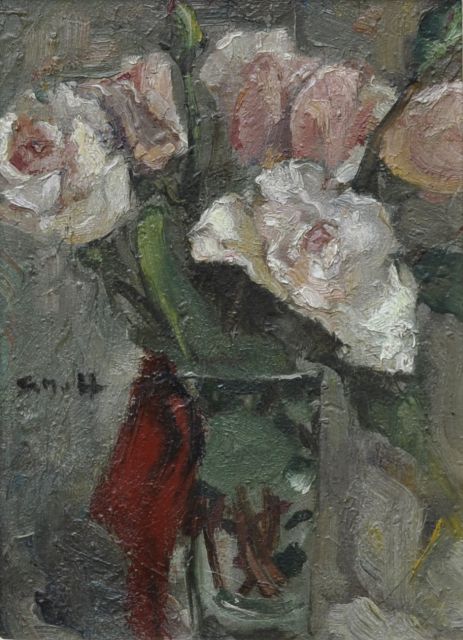 Sientje Mesdag-van Houten | Rozen in vaas, olieverf op board, 17,9 x 13,0 cm, gesigneerd l.m. met initialen