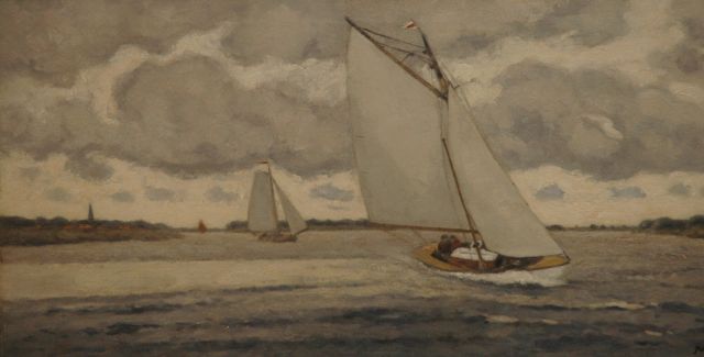 Piet de Regt | Zeilschepen op een Hollandse plas, olieverf op doek, 40,2 x 80,5 cm, gesigneerd r.o.