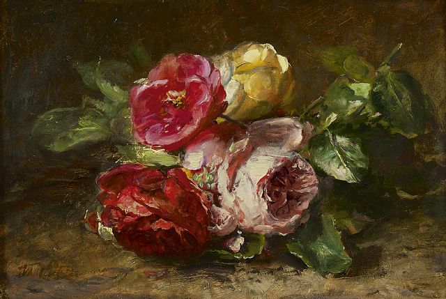 Anna Peters | Rozen op de bosgrond, olieverf op doek, 21,5 x 31,5 cm, gesigneerd l.o.