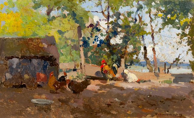 Cornelis Vreedenburgh | Kippen bij een schuurtje, olieverf op board, 30,2 x 48,8 cm, gesigneerd r.o. en gedateerd '09, zonder lijst