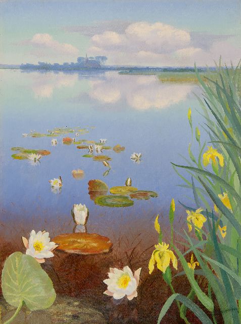 Dirk Smorenberg | Plasgezicht met waterlelies, olieverf op doek, 60,1 x 45,0 cm, gesigneerd r.o. en te dateren ca. 1930