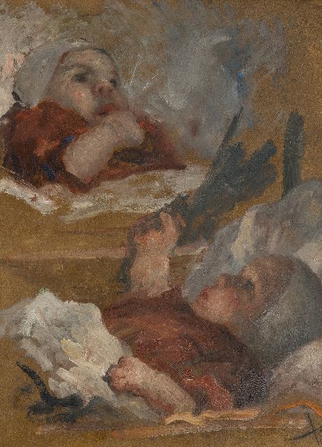 Evert Pieters | Studies van een baby; verso: jonge vrouw in tuin, olieverf op schilderskarton, 49,5 x 37,0 cm