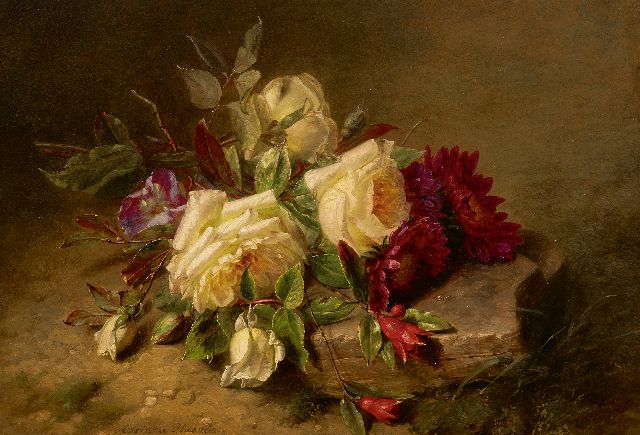 Adriana Haanen | Rozen en chrysanten op de bosgrond, olieverf op paneel, 25,5 x 36,0 cm, gesigneerd l.o.