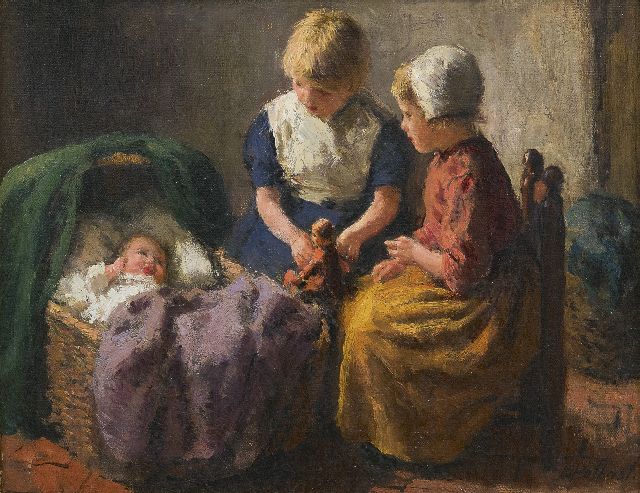 Bernard Pothast | Bij de nieuwe baby, olieverf op doek, 20,4 x 25,7 cm, gesigneerd r.o.