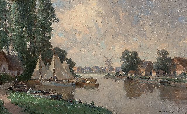 Gerard Delfgaauw | Rivier met afgemeerde zeilboten, olieverf op doek, 50,4 x 80,4 cm, gesigneerd r.o. en op spieraam