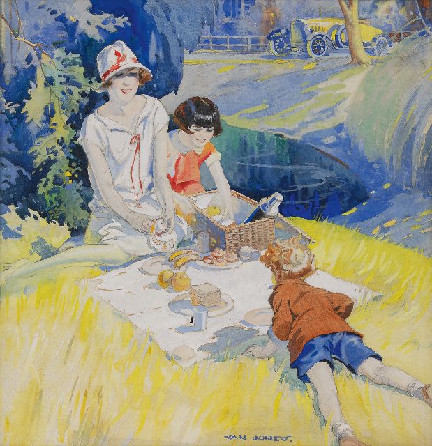 Van Jones | Met de Rolls uit picknicken (Rolls Royce jaren 20), gouache op board, 51,4 x 49,5 cm, gesigneerd m.o.