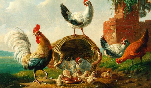 Albertus Verhoesen | Kip en kuikens in landschap, olieverf op paneel, 17,8 x 25,2 cm, gesigneerd l.o. en gedateerd 1873