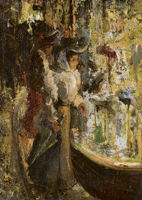 Frans Helfferich | Voor de hoedenwinkel, olieverf op doek op paneel, 16,1 x 12,1 cm, gesigneerd r.o.