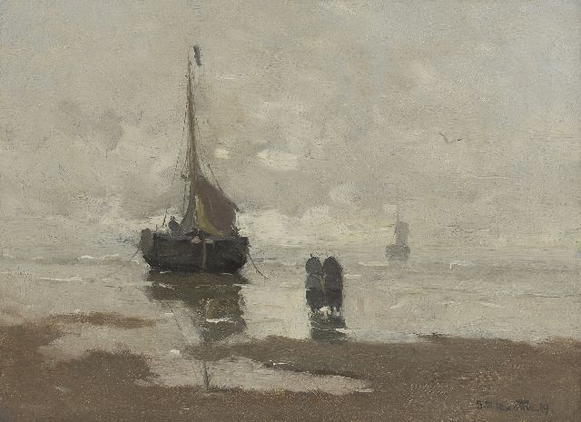 Morgenstjerne Munthe | Strand met vissersschuit, olieverf op doek, 32,0 x 40,0 cm, gesigneerd r.o. en gedateerd '19