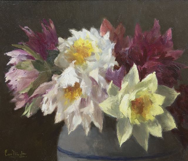 Chris van der Windt | Dahlia's, olieverf op paneel, 29,5 x 34,8 cm, gesigneerd l.o.