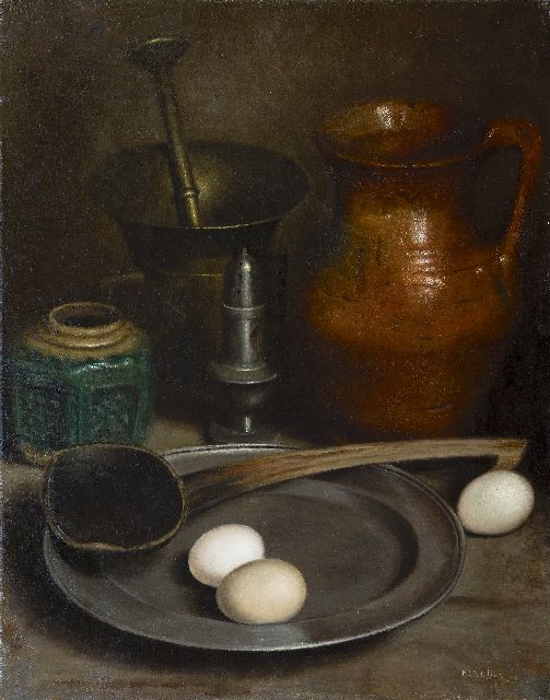 Henk Bos | Stilleven met tin en aardewerk, olieverf op doek, 51,8 x 41,0 cm, gesigneerd r.o. en gedateerd '45
