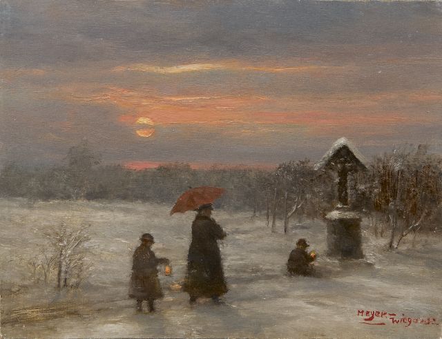 Rolf Dieter Meyer-Wiegand | Avondwandeling in de sneeuw, olieverf op paneel, 12,9 x 16,9 cm, gesigneerd r.o.