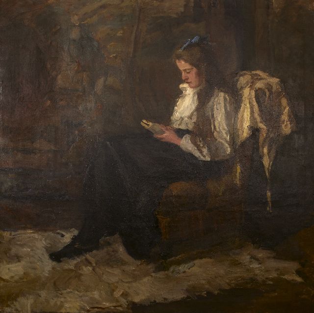 Barbara van Houten | Lezend meisje met blauw lint in het haar, olieverf op doek, 162,5 x 163,0 cm