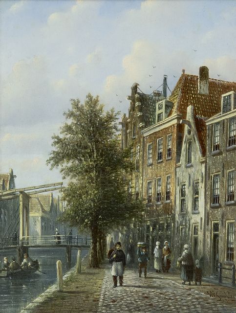 Johannes Franciscus Spohler | Zonnig grachtje met ophaalbrug, olieverf op paneel, 20,4 x 16,0 cm, gesigneerd r.o.