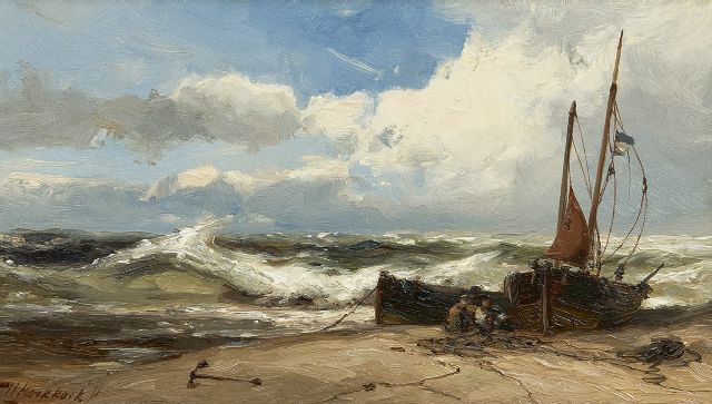 Hermanus Koekkoek jr. | Netten repareren bij stormachtig weer, olieverf op paneel, 18,8 x 33,0 cm, gesigneerd l.o.
