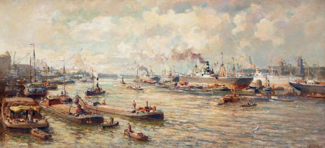 Evert Moll | De haven van Rotterdam, olieverf op doek, 94,6 x 200,4 cm, gesigneerd r.o.