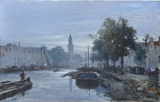 Jongkind J.B.  | Gezicht op Amsterdams stadswater ('Oudeschans'), olieverf op doek 26,5 x 43,5 cm, gesigneerd r.o. en gedateerd 1885