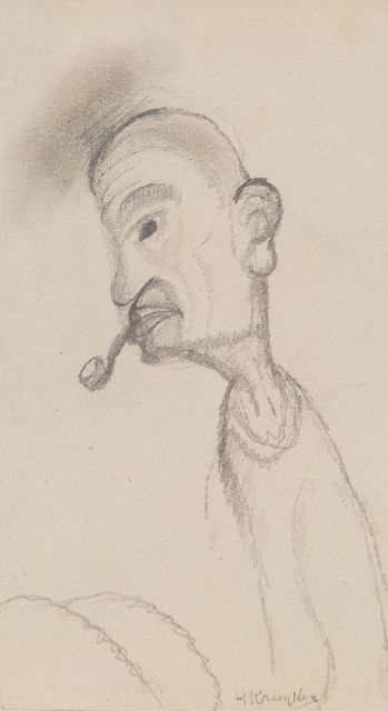 Herman Kruyder | Man met pijp, potlood op papier, 17,3 x 9,6 cm, gesigneerd r.o.