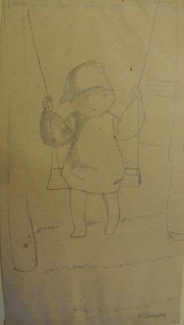 Kruyder H.J.  | Schommelend kind, potlood op papier 21,9 x 11,7 cm, gesigneerd r.o.