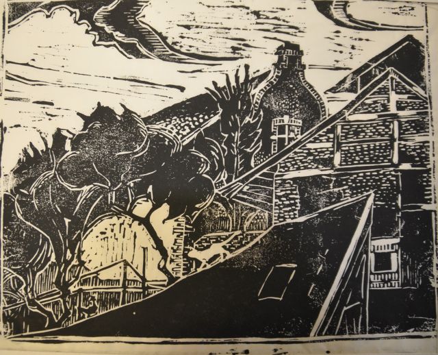 Herman Kruyder | Dorpshuizen met bomen, Zuid-Limburg, houtsnede op Japans papier, 18,0 x 23,5 cm
