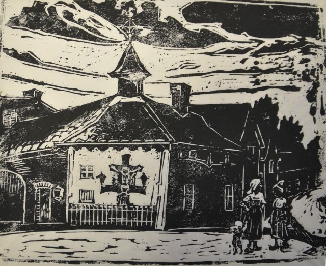 Herman Kruyder | Dorpskerk met vrouwen en kind, Zuid-Limburg, houtsnede op Japans papier, 18,8 x 23,5 cm
