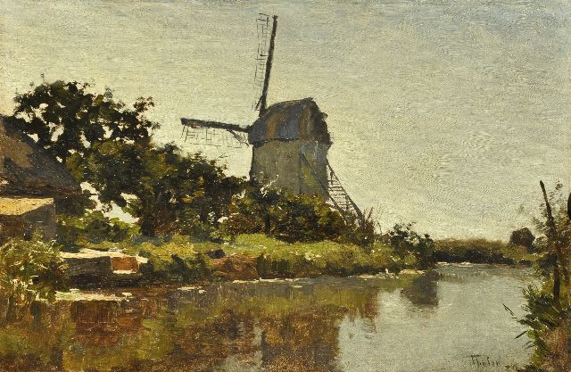 Willem Bastiaan Tholen | Wipmolen aan een vaart, olieverf op papier op board, 27,8 x 38,7 cm, gesigneerd r.o. en gedateerd '84