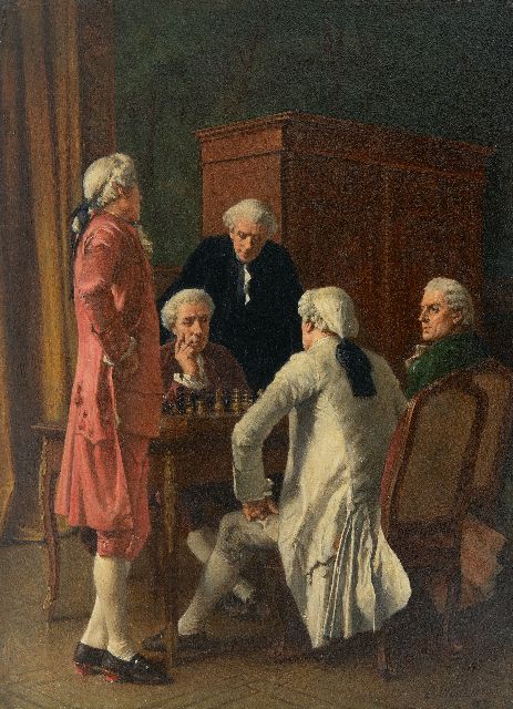 Eugène Fichel | De schaakspelers, olieverf op paneel, 21,8 x 16,0 cm, gesigneerd r.o. en gedateerd 1870