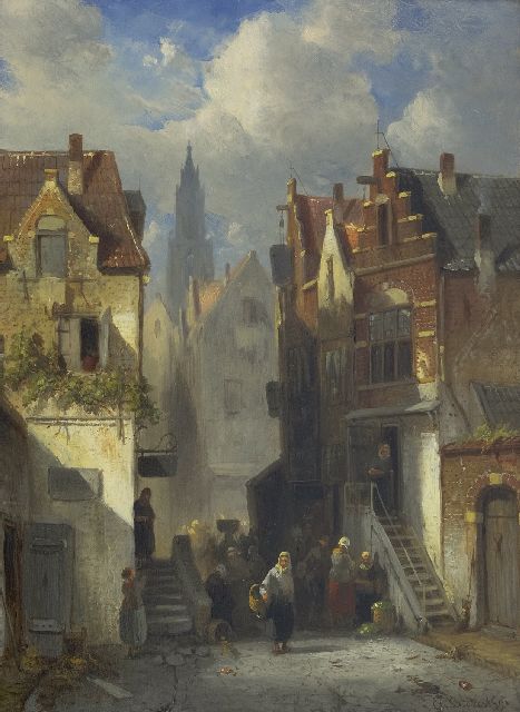 Charles Leickert | Drukbevolkt Hollands straatje, olieverf op paneel, 36,1 x 26,3 cm, gesigneerd r.o. en gedateerd '91
