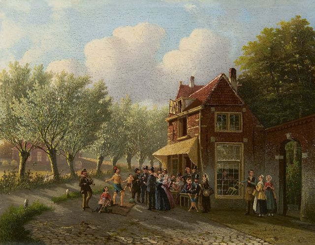 Joseph Bles | Acrobaat voor een dorpsherberg, olieverf op paneel, 20,6 x 26,2 cm, gesigneerd r.o.