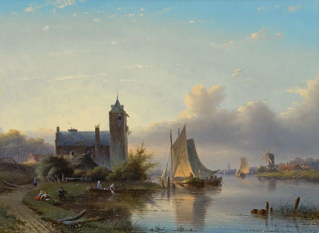 Jacob Jan Coenraad Spohler | Zeilschepen op een zomerse rivier, olieverf op paneel, 38,7 x 52,4 cm, gesigneerd r.o. en gedateerd '58