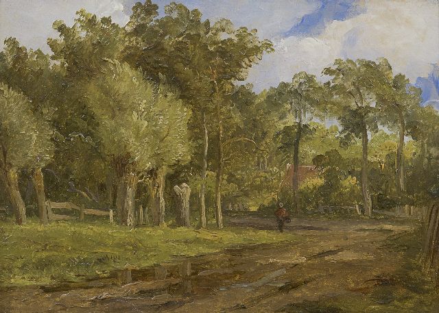 Arnoldus Johannes Eymer | Boomrijk landschap met figuur op zandweg, olieverf op schildersboard, 16,1 x 22,0 cm
