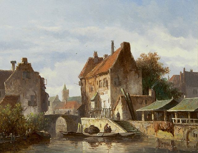 Adrianus Eversen | Stadsgezicht met binnenwater, olieverf op paneel, 15,0 x 19,1 cm, gesigneerd l.o.