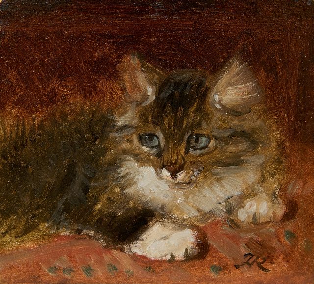 Henriette Ronner-Knip | Jong poesje, olieverf op papier op paneel, 12,2 x 12,7 cm, gesigneerd r.o. met monogram