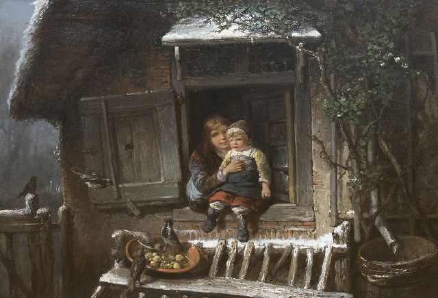 Mari ten Kate | De vogeltjes voeren, olieverf op doek, 66,0 x 94,4 cm, gesigneerd r.o.
