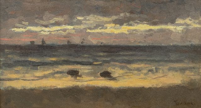 Théophile de Bock | Vissersschepen op zee, olieverf op board, 21,3 x 38,5 cm, gesigneerd r.o.