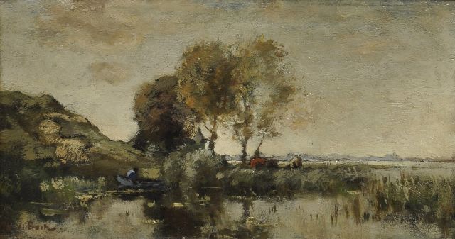 Théophile de Bock | Plaslandschap met koeien, olieverf op paneel, 17,0 x 31,0 cm, gesigneerd l.o.