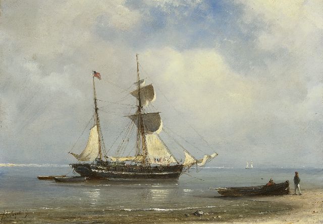 Petrus Paulus Schiedges | Schoenerbrik voor anker op kalme zee, olieverf op paneel, 24,6 x 34,1 cm, gesigneerd l.o. en gedateerd '59