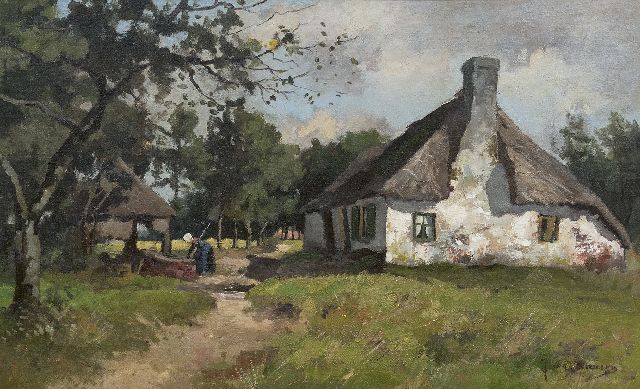 Jan van Vuuren | Veluws zoomhuisje (locomotiefhuisje) met boerin aan het werk, olieverf op doek, 42,3 x 67,8 cm, gesigneerd r.o.