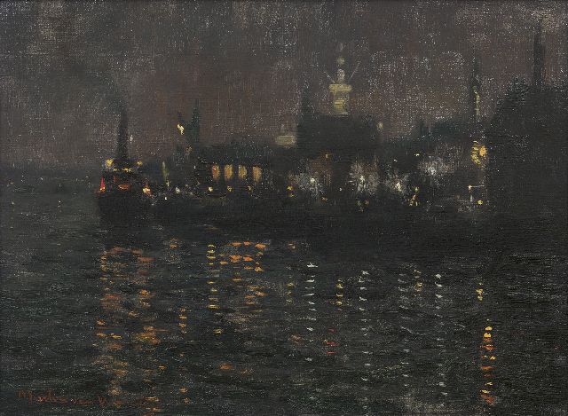 Martin van Waning | Haven bij nacht, olieverf op doek, 30,2 x 40,3 cm, gesigneerd l.o.
