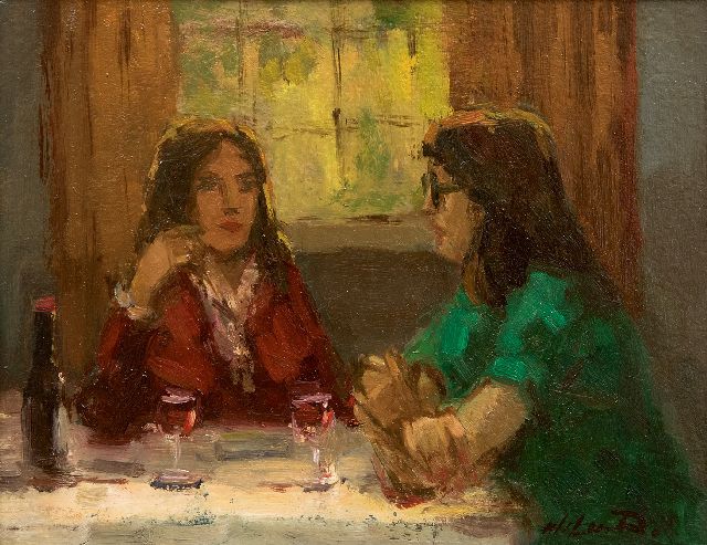 Wil van Dinther | Gesprekje bij een glas wijn, olieverf op board, 14,9 x 18,8 cm, gesigneerd r.o. en verso