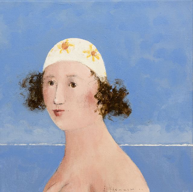 Evert van Hemert | De badmuts, acryl op doek, 40,0 x 40,0 cm, gesigneerd r.o. en gedateerd '12