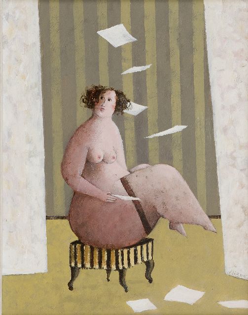 Evert van Hemert | De Brief, acryl op board, 46,0 x 36,0 cm, gesigneerd r.o. op gordijn
