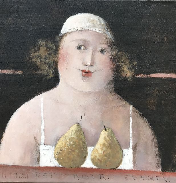 Evert van Hemert | Petit Bistro, acryl op doek, 40,3 x 40,0 cm, gesigneerd m.o. en gedateerd MMXVI